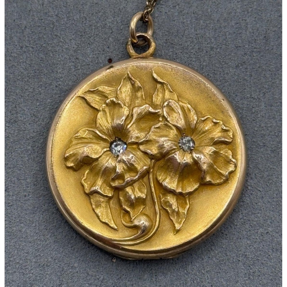Antique Victorian Flower Gold Filled Paste Repousse Pendant Locket